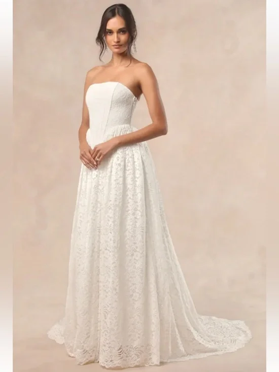 Lulus Shiori White Lace Bustier Basque Waist Strapless Maxi Dress Size XS New! - Picture 3 of 11